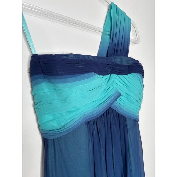 2000s BCBG Max Azria Teal Blue Ombre One-Shoulder Chiffon Evening Gown – Size 0 - Picture 5 of 12